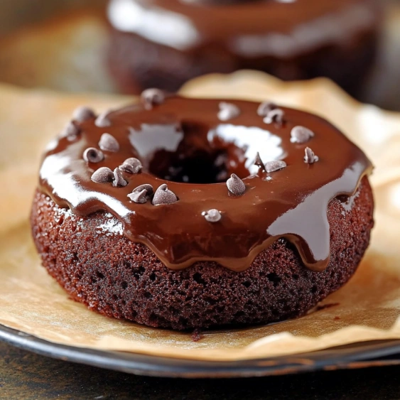A chocolate donut with chocolate chips on top.