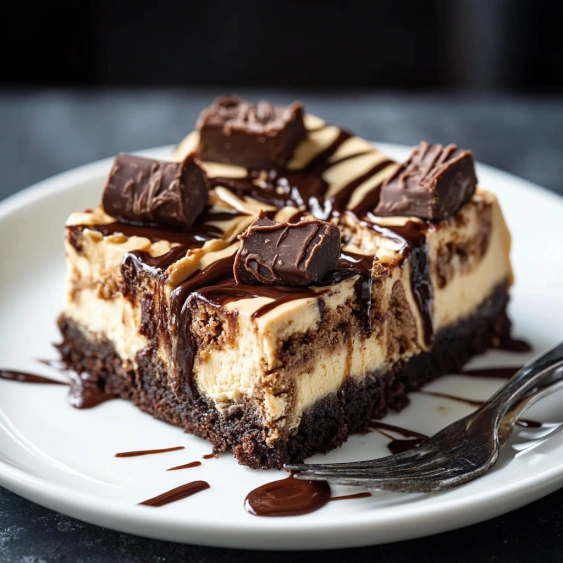 A slice of chocolate cake with chocolate drizzle.