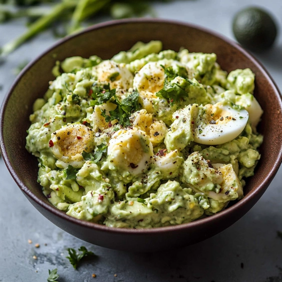 A bowl of guacamole with eggs and spices.