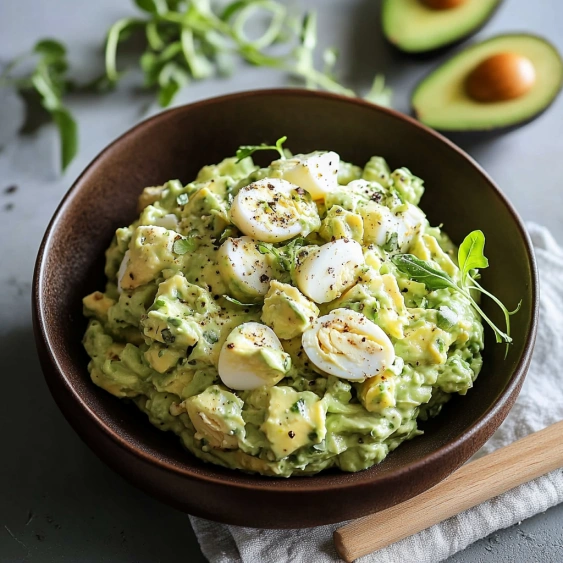 A bowl of guacamole with avocado and eggs.