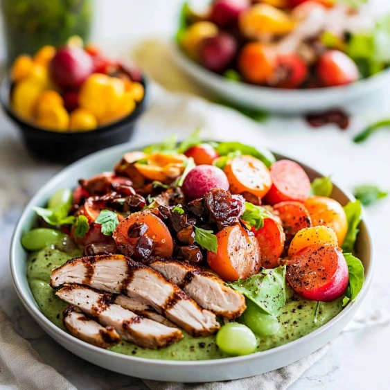 A plate of food with a variety of vegetables and meat.