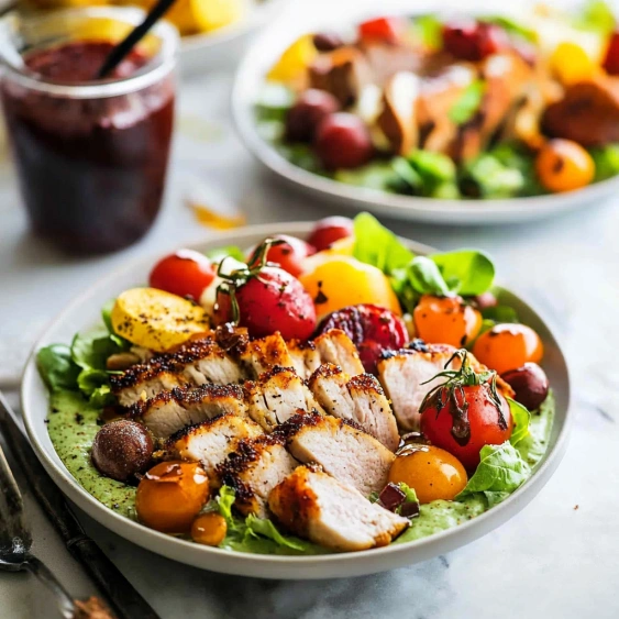 A plate of food with a salad and meat.
