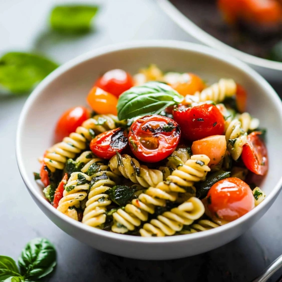 A bowl of pasta with tomatoes and basil.
