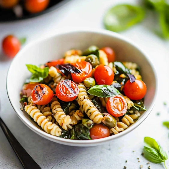 A bowl of pasta with tomatoes and spinach.