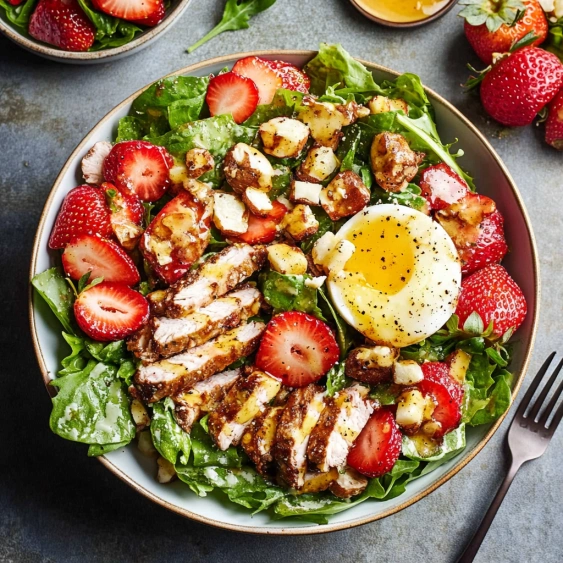 A bowl of salad with strawberries, chicken, and an egg on top.