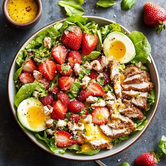 A bowl of salad with strawberries and eggs.