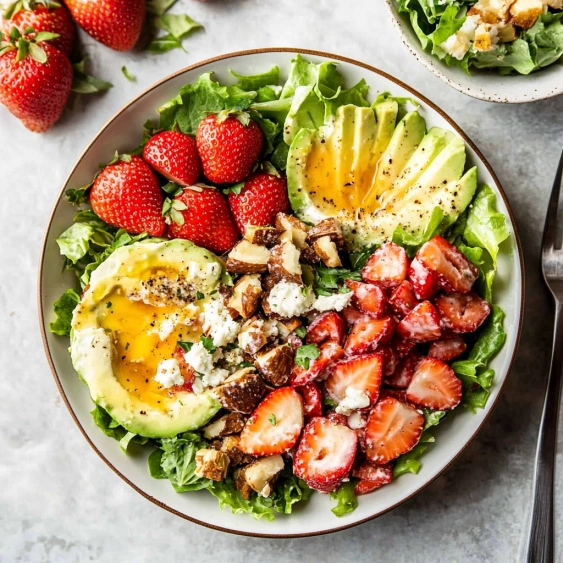 A plate of food with strawberries, lettuce, and avocado.
