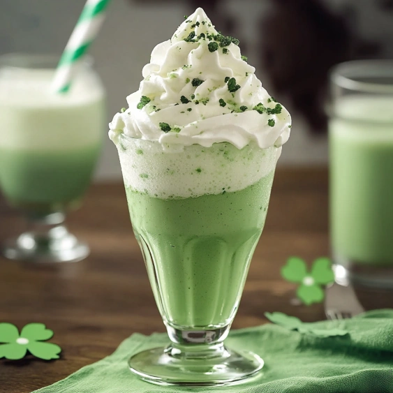 A glass of green shake with whipped cream on top.