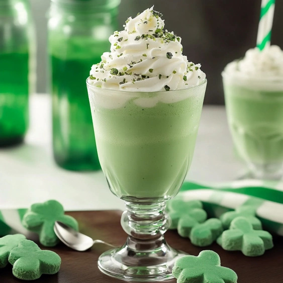 A glass of green shake with white whip.