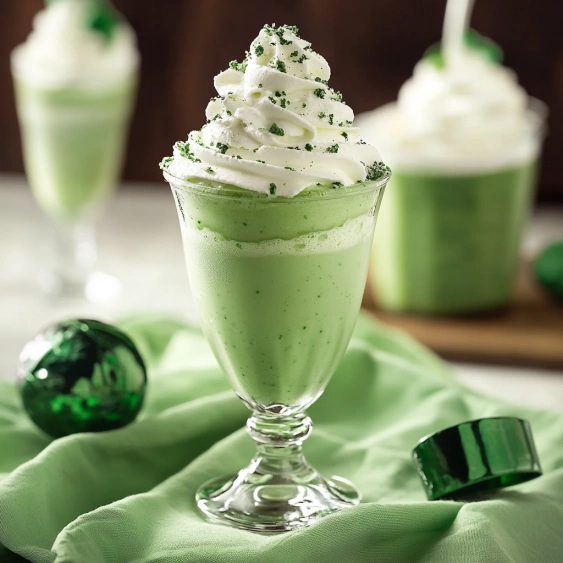 A glass of green shake with whipped cream.