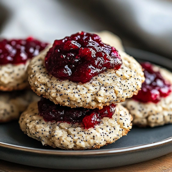 A plate of cookies with jelly on top.