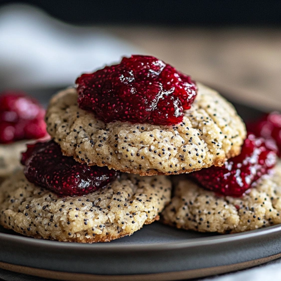 A stack of cookies with jam on top.