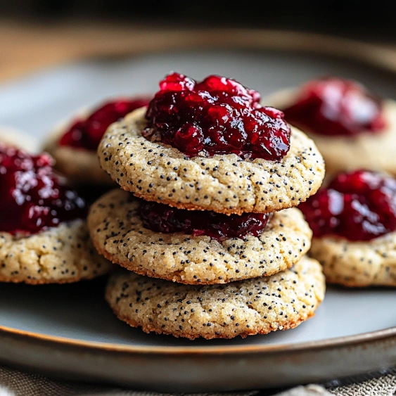 A stack of cookies with jam on top.