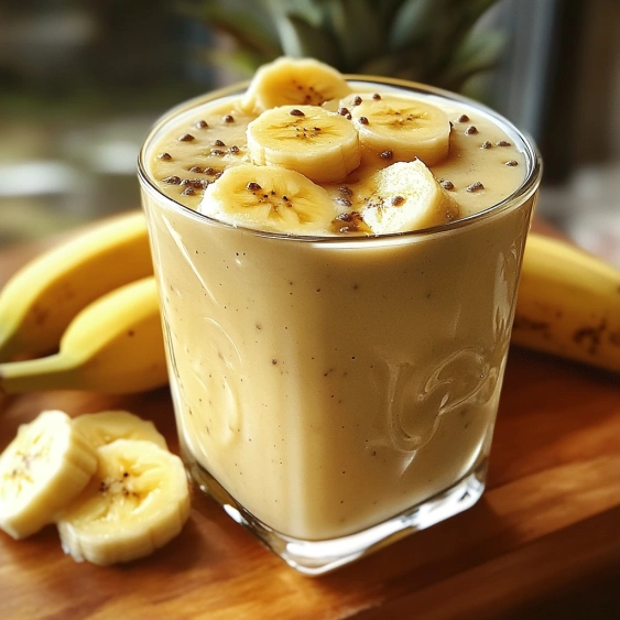 A glass of banana smoothie with banana slices on the side.