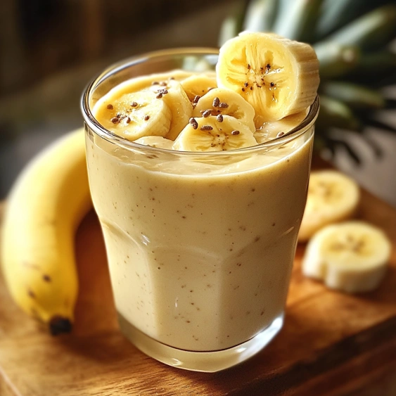 A glass of banana smoothie with banana slices on top.