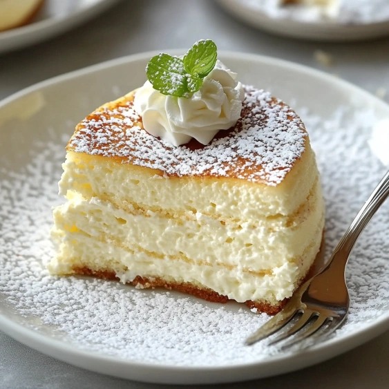 A slice of cake with a green leaf on top.