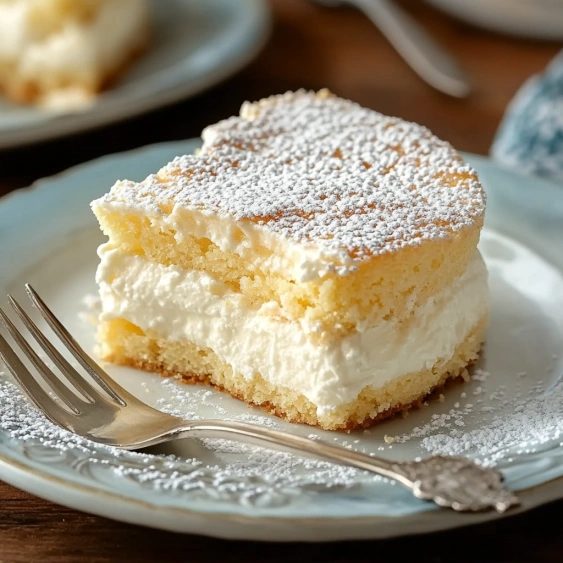 A piece of cake with powdered sugar on a plate.