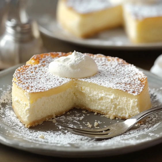 A slice of cake with white frosting and a dollop of whipped cream on top.