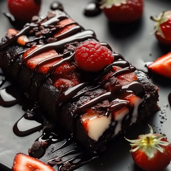 Chocolate cake with strawberries and chocolate sauce.