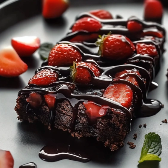 A chocolate cake with strawberries on top.