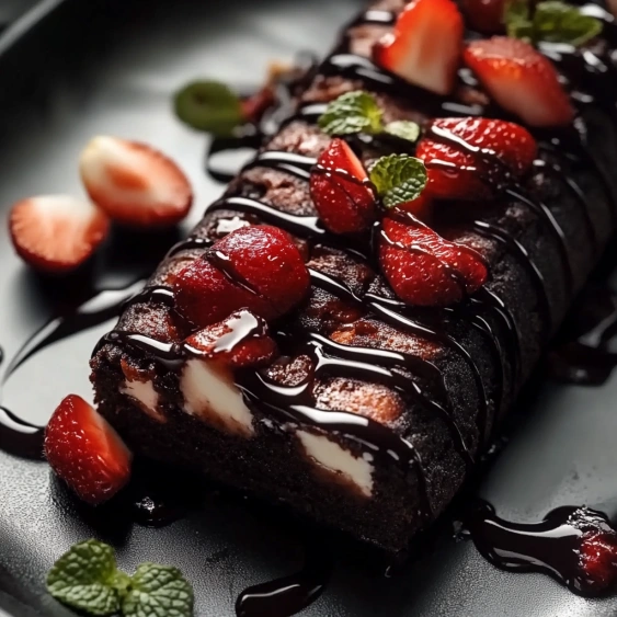A slice of chocolate cake with strawberries on top.