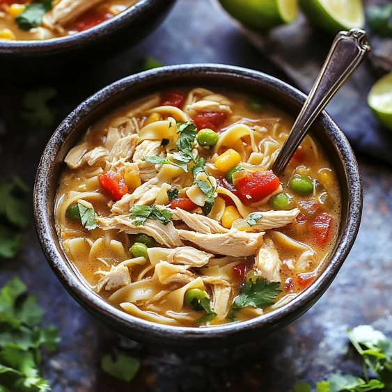A bowl of soup with chicken and vegetables.