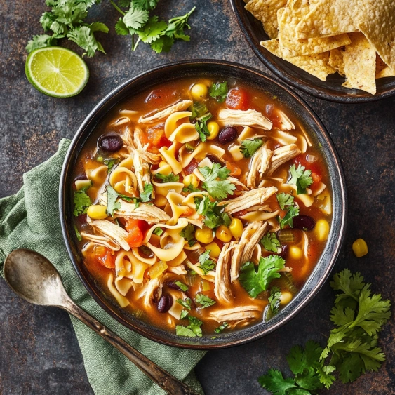A bowl of soup with chicken and pasta.