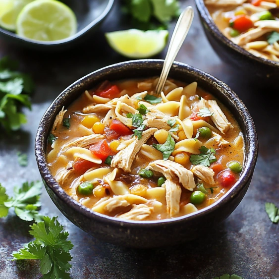 A bowl of soup with chicken and vegetables.