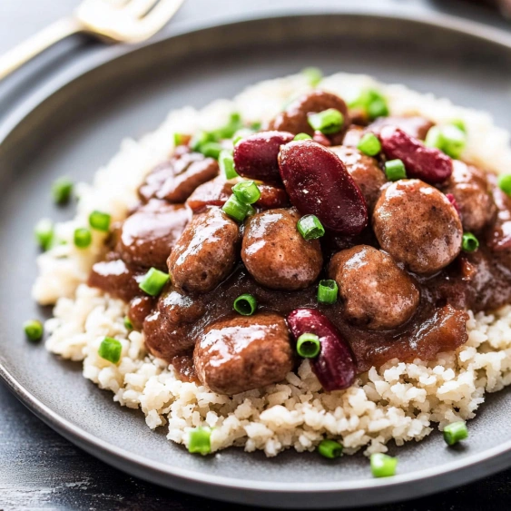 A plate of rice and beans with green onions on top.