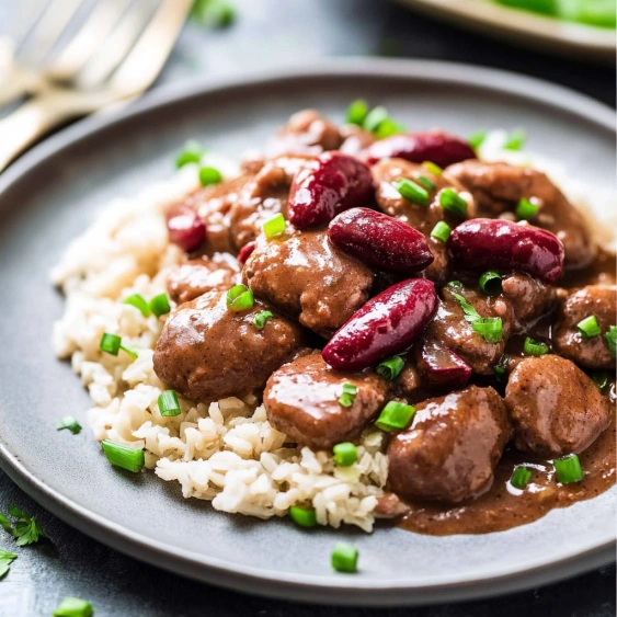 A plate of rice and beans with a fork on the side.