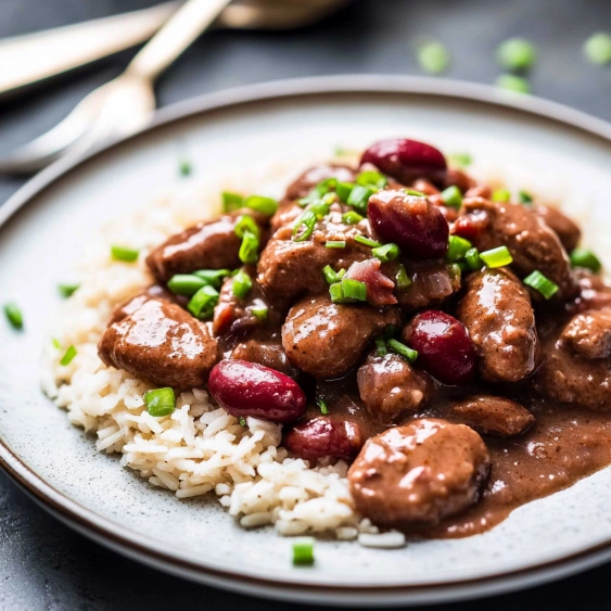 A plate of rice and beans with green onions.