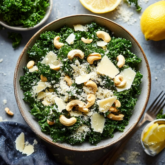 A bowl of food with a fork and a lemon.