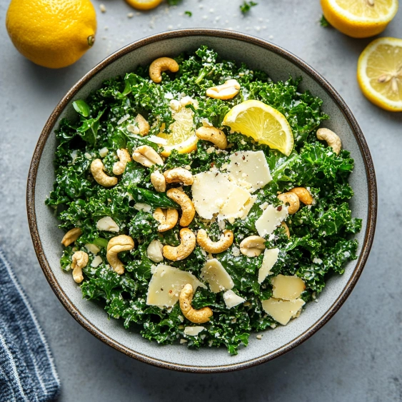A bowl of food with lemon slices and nuts.