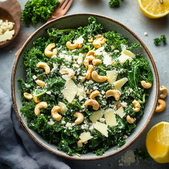 A bowl of greens with nuts and cheese.