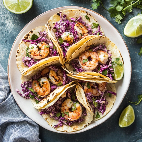 A plate of shrimp tacos with purple cabbage.