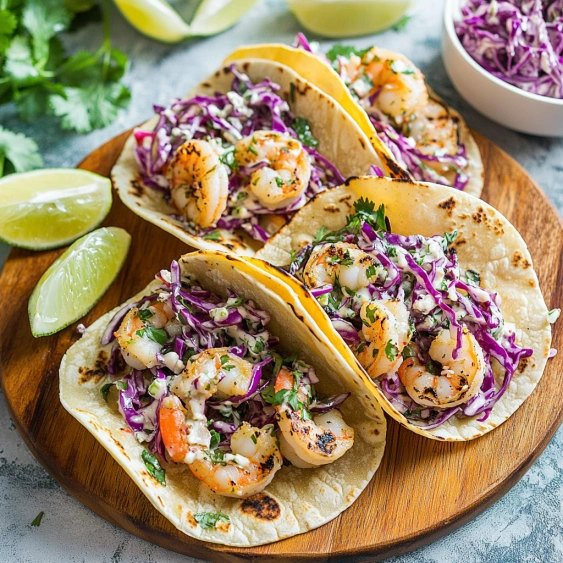 Three shrimp tacos on a wooden platter.