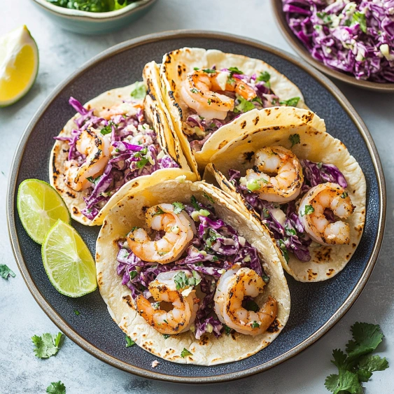 A plate of shrimp tacos with purple cabbage and lime wedges.