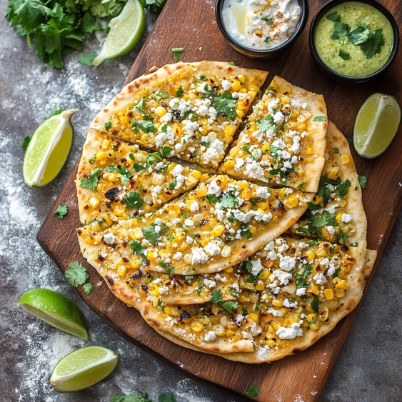 A pizza with corn and cheese on a wooden cutting board.