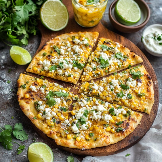A pizza with corn and cheese on a wooden board.