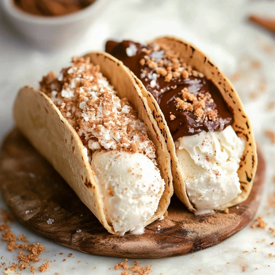 Two tacos with ice cream and chocolate sauce.