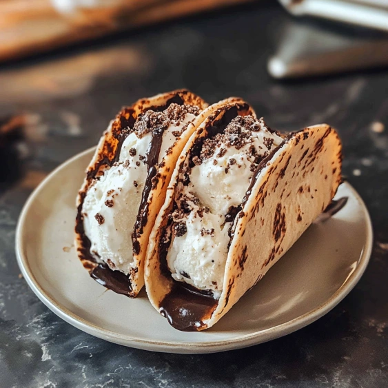 Two chocolate covered ice cream sandwiches.