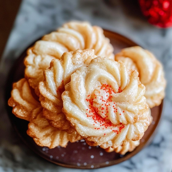 A plate of pastries with red sprinkles.
