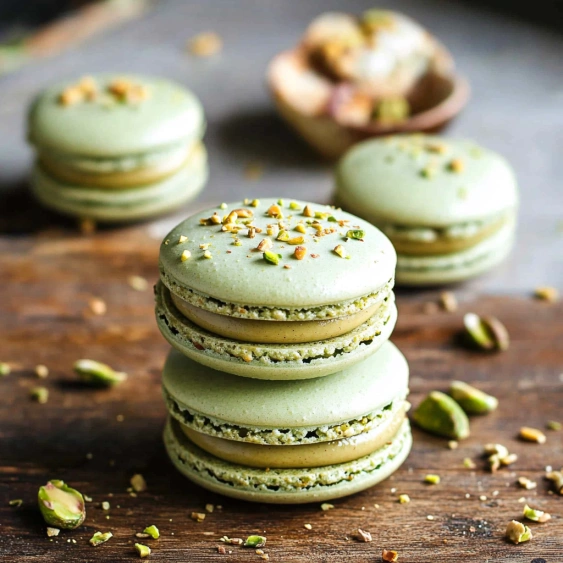 A stack of green macaroons with almonds on top.
