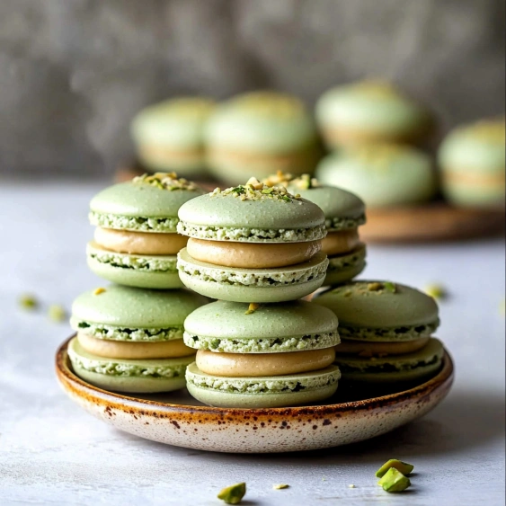 A plate of macaroons with green toppings.