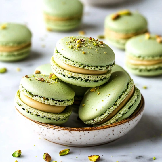 A bowl of green macaroons.