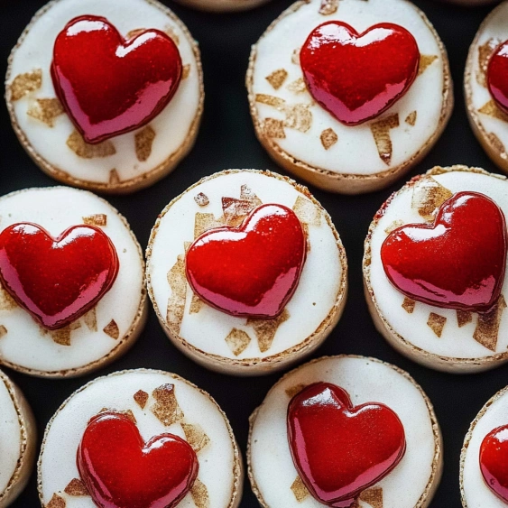 Heart shaped cookies with red icing.