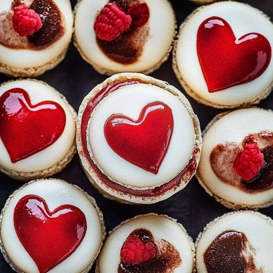 A close up of a heart shaped cookie with a raspberry on top.