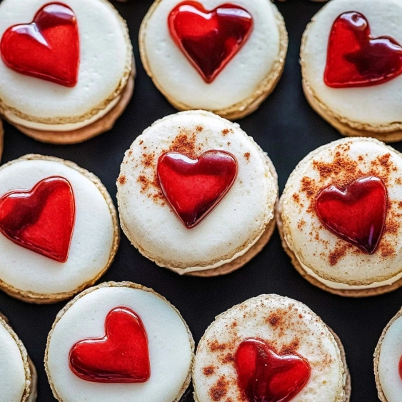 A plate of cookies with red hearts on them.