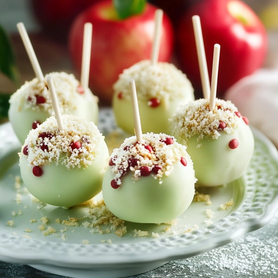 A plate of green apples with red tops.