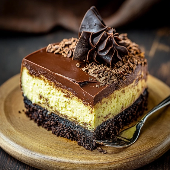 A slice of chocolate cake with a chocolate bow on top.